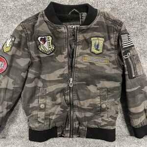 Distortion Boys Camo Bomber Jacket Size 5/6 Youth Fleece Lined Military Patches